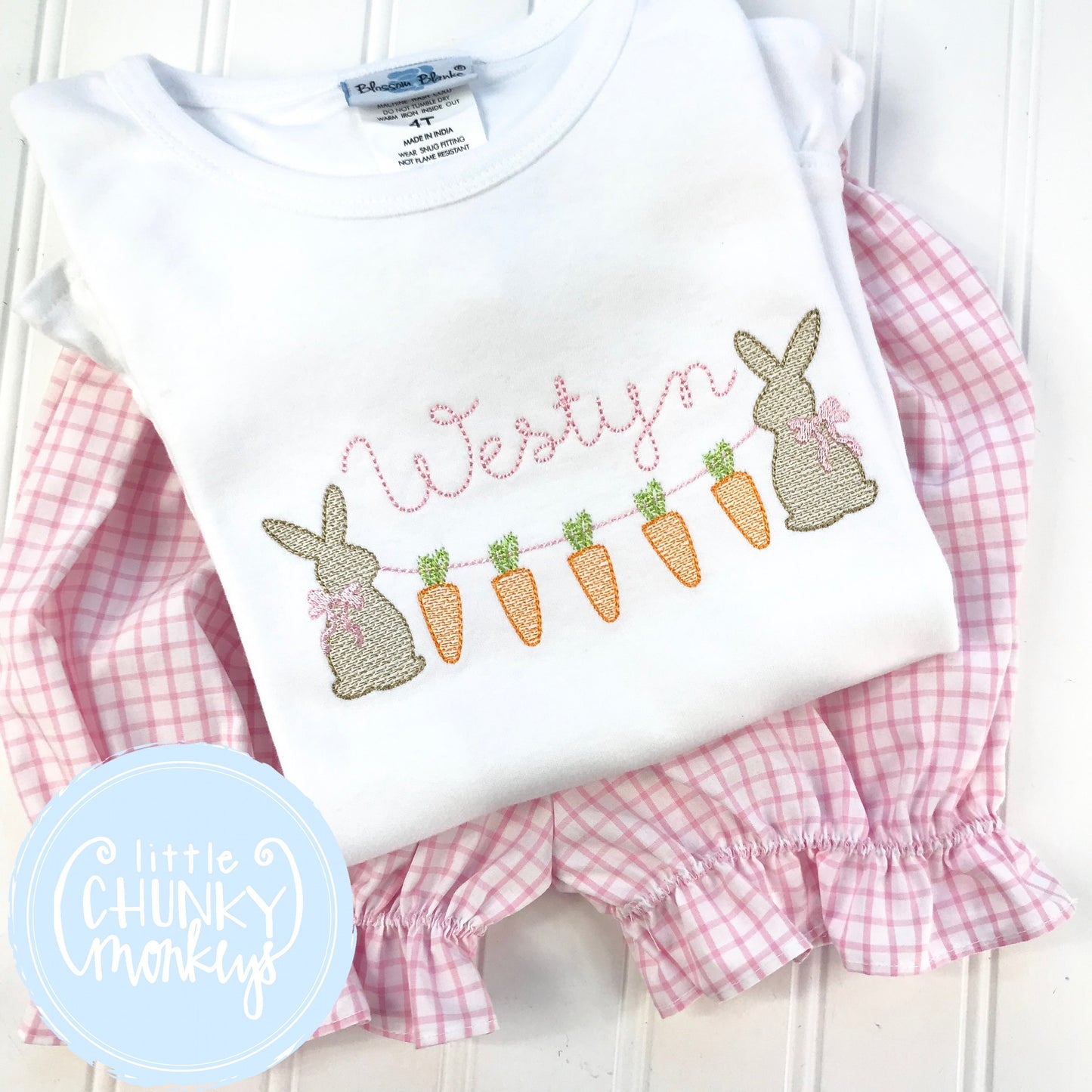 Girl Shirt - Easter Girl Shirt - Stitched Bunnies with Carrot Banner + Personalization