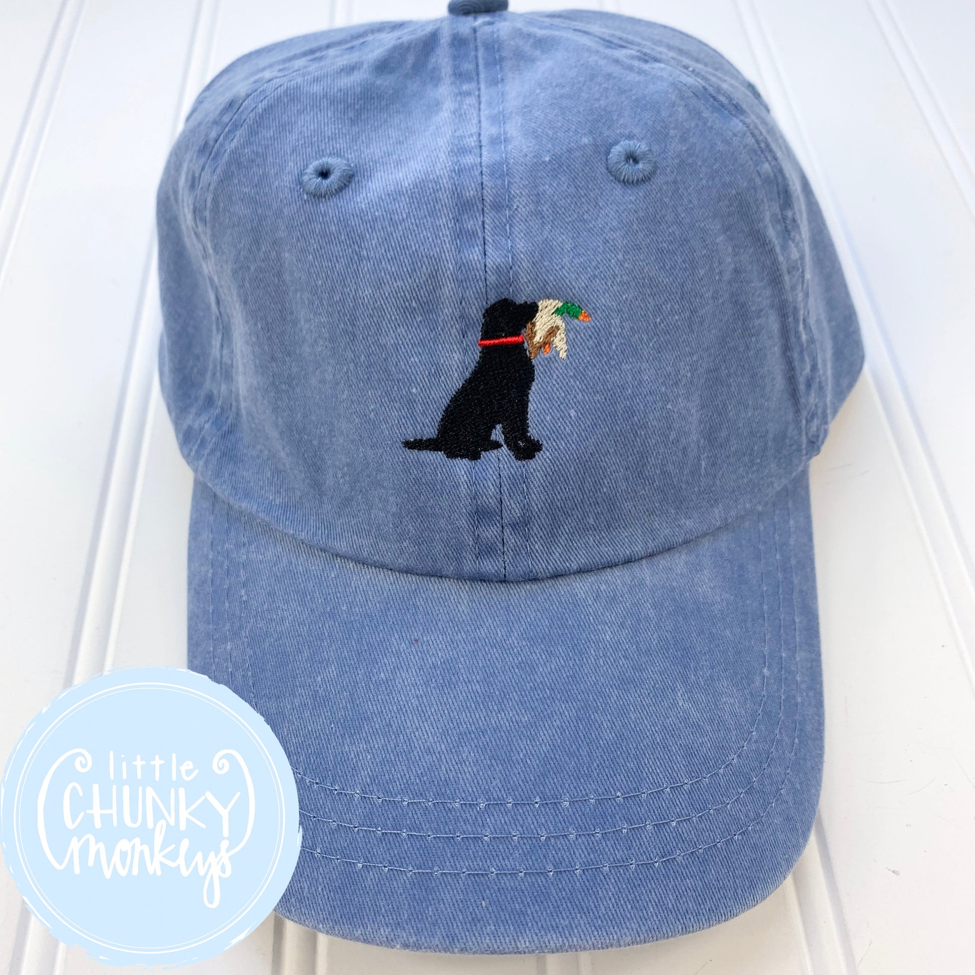Toddler Kid Hat - Faded Baby Blue Hat with Stitched Dog with Duck in His Mouth
