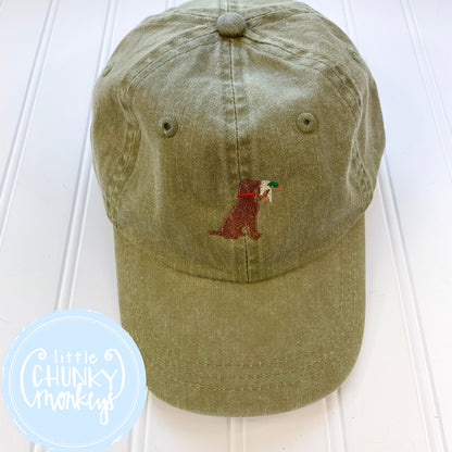 Toddler Kid Hat - Olive Hat with Stitched Dog with Duck in His Mouth