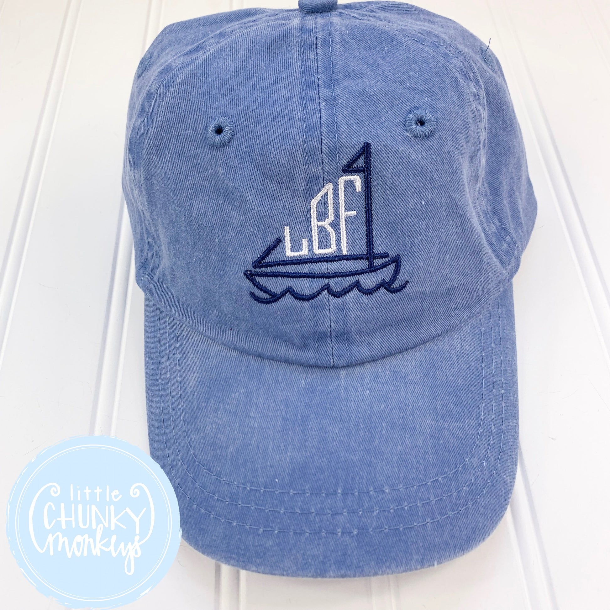 Toddler Kid Hat- Faded Baby Blue Hat with Stitched Sailboat Monogram