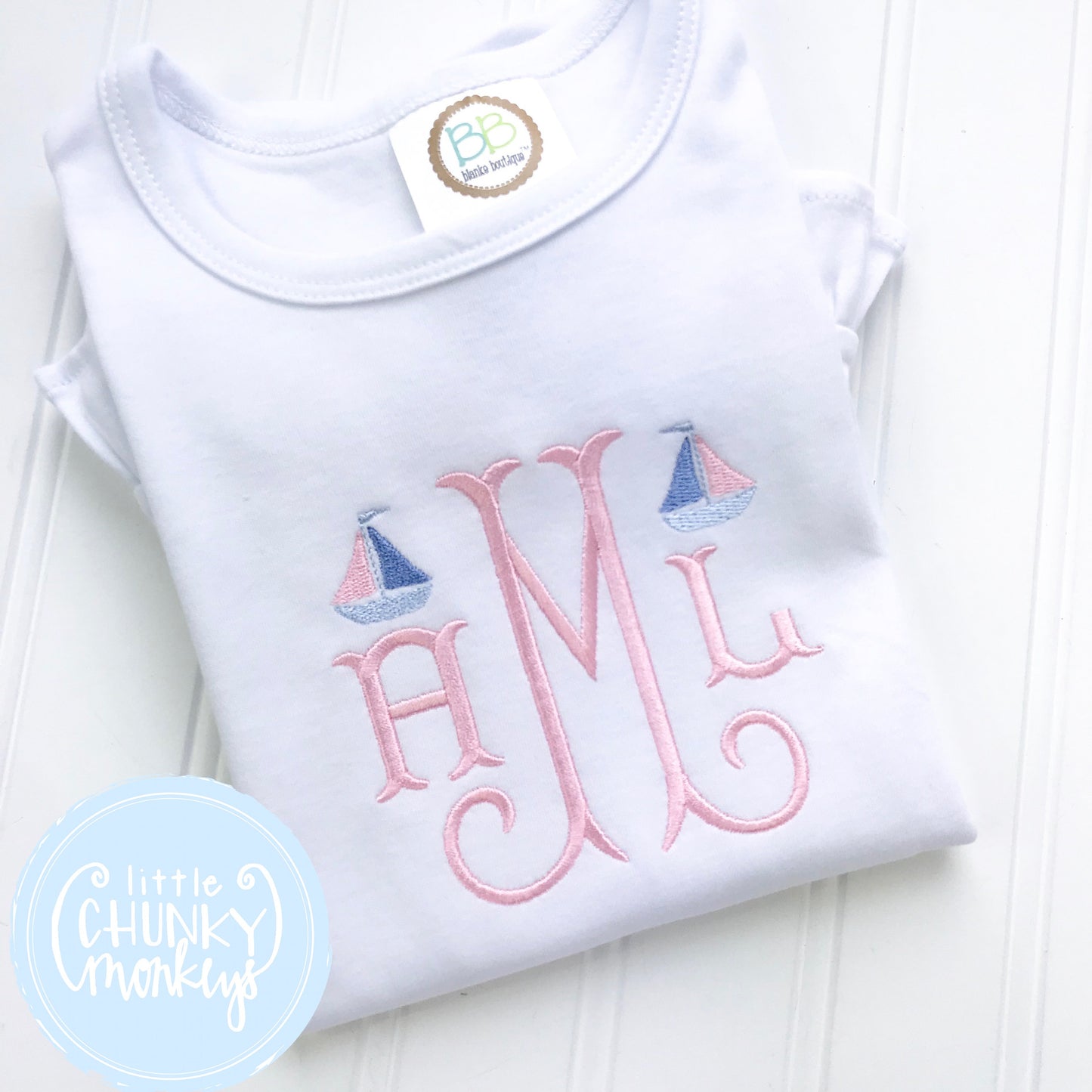Girl Shirt - Girl Shirt - Stitched Monogram with Mini Sailboats