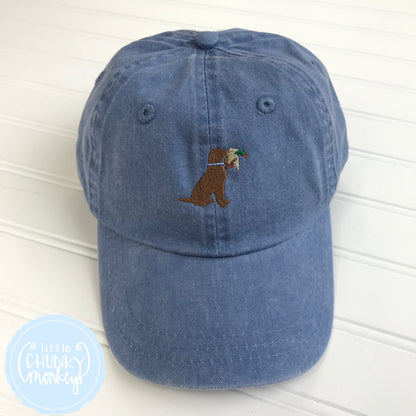 Toddler Kid Hat - Faded Baby Blue Hat with Stitched Dog with Duck in His Mouth