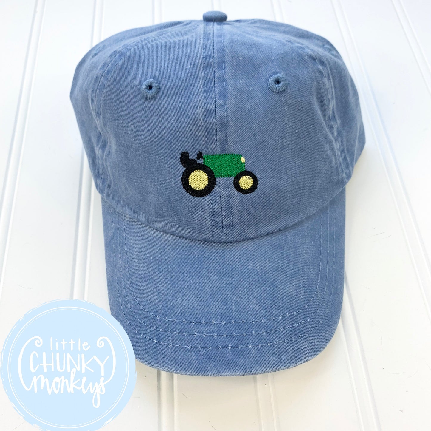 Toddler Kid Hat - Faded Baby Blue Hat with Stitched Tractor