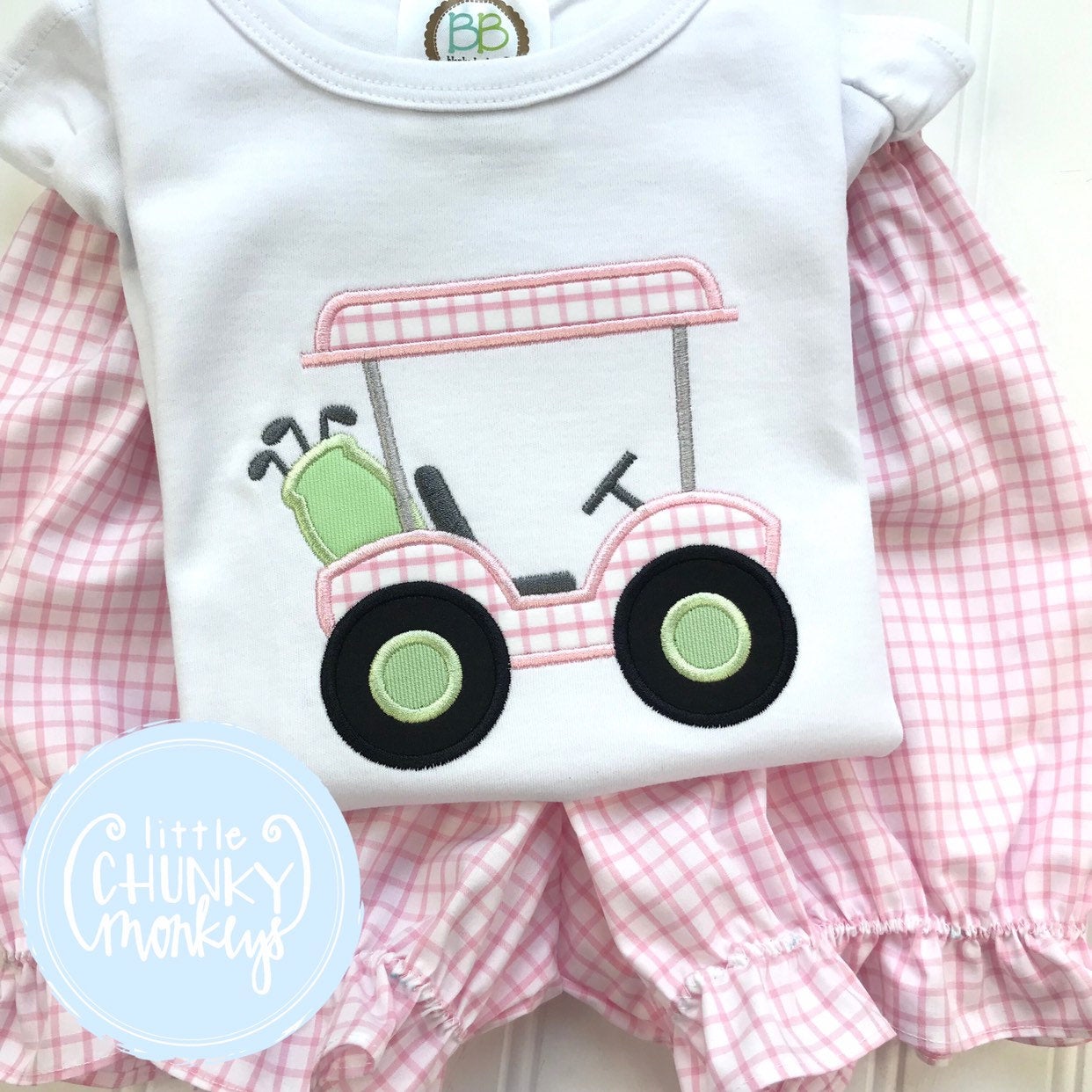 Girl Shirt - Golf Shirt - Light Pink Windowpane with Light Green Golf Cart Applique Shirt