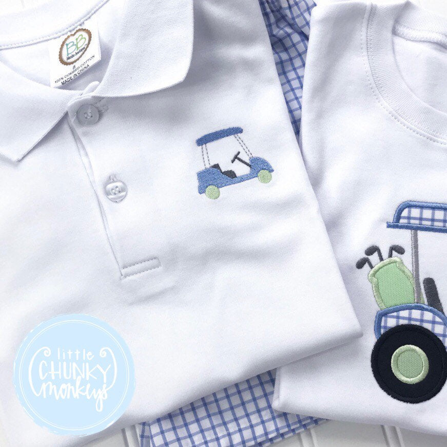 Boy Polo Shirt- Mini Golf Cart on White Polo Shirt
