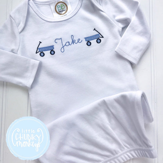 Baby Boy Gown - Bring Home Outfit - Personalized Newborn Gown with Mini Blue Wagons