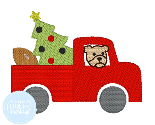 Boy Shirt - Stitched Truck with Bulldog and Christmas Tree