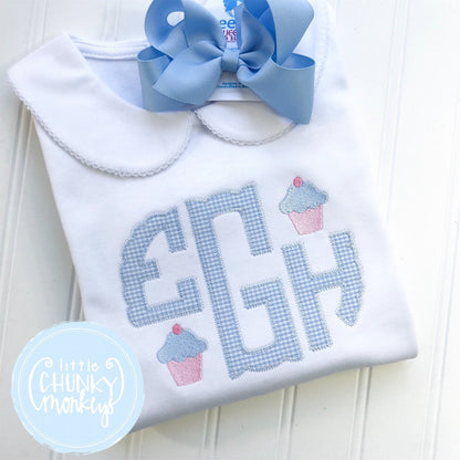 Girl Peter Pan Collar Shirt - Appliqué Monogram with Mini Cupcakes