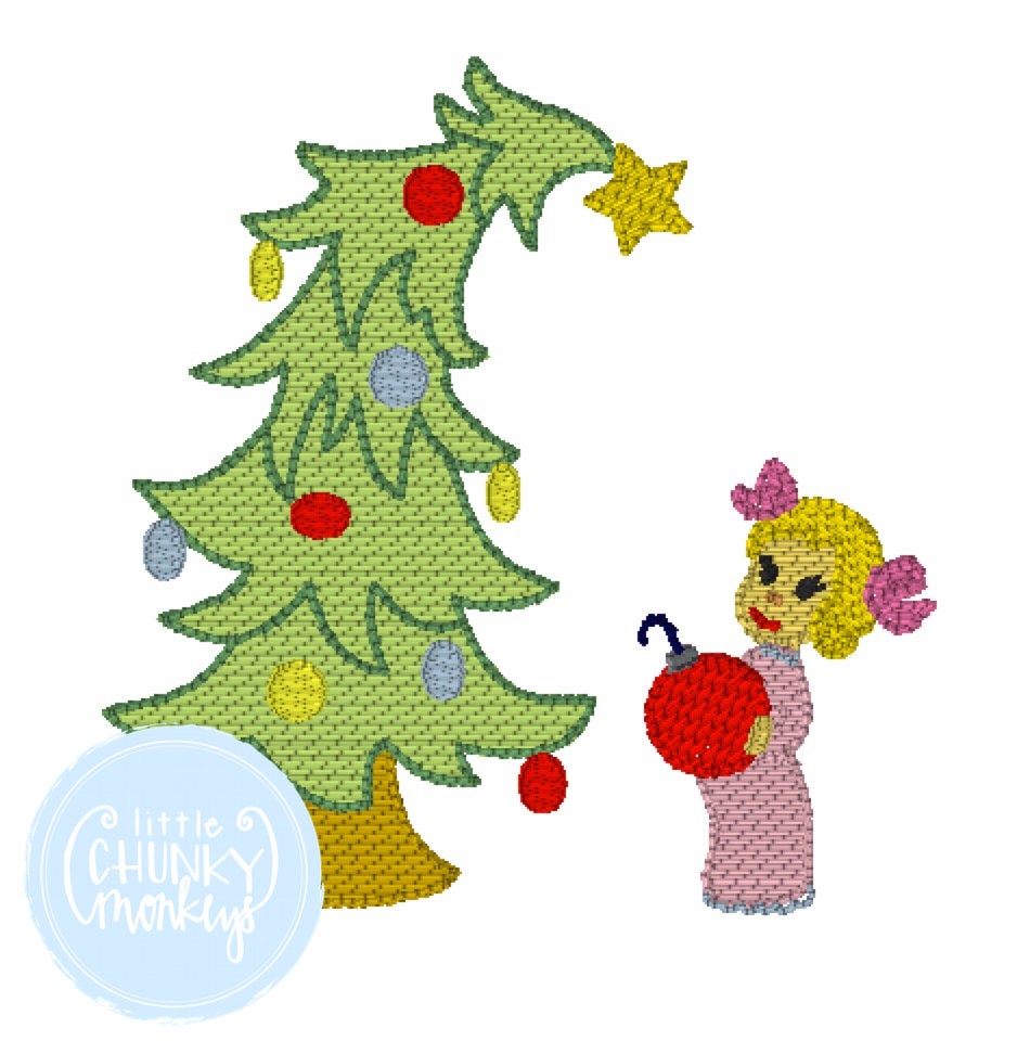 Girl Shirt - Stitched Christmas Tree with Little Girl