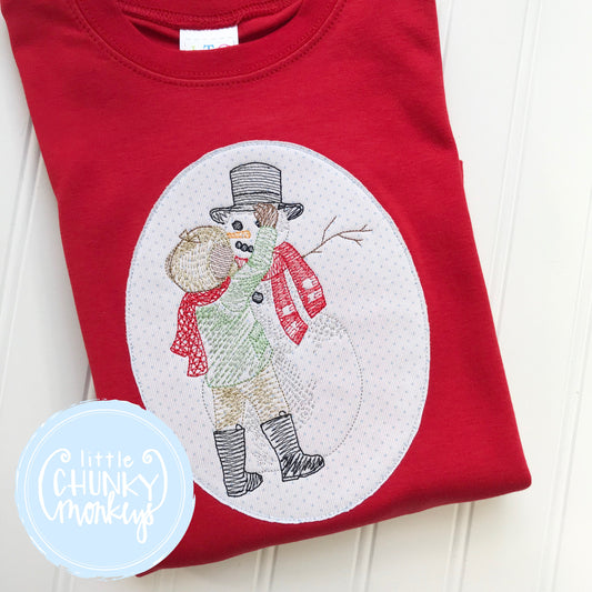Boy Shirt - Boy Winter Shirt - Vintage Snowman with Oval Patch on Red Shirt