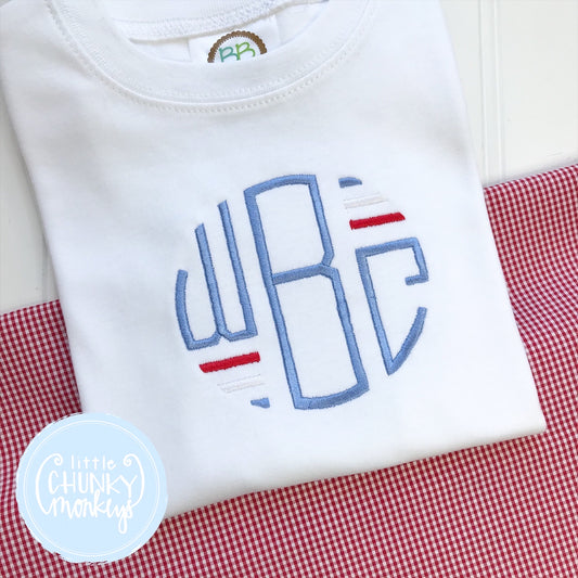 Boy Shirt - Stitched Circle Monogram with Patriotic Bars on White shirt
