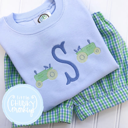 Boy Shirt  Initial with Mini Tractor on Light Blue Shirt