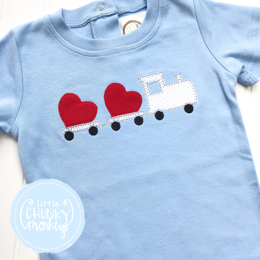 Boy Shirt - Boy Valentine Shirt - Train with Hearts on Light Blue Shirt