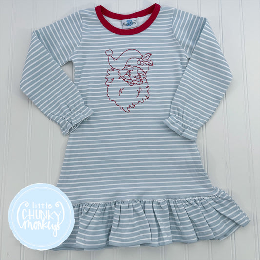 Blue Stripe A-Line Dress with Santa Embroidery