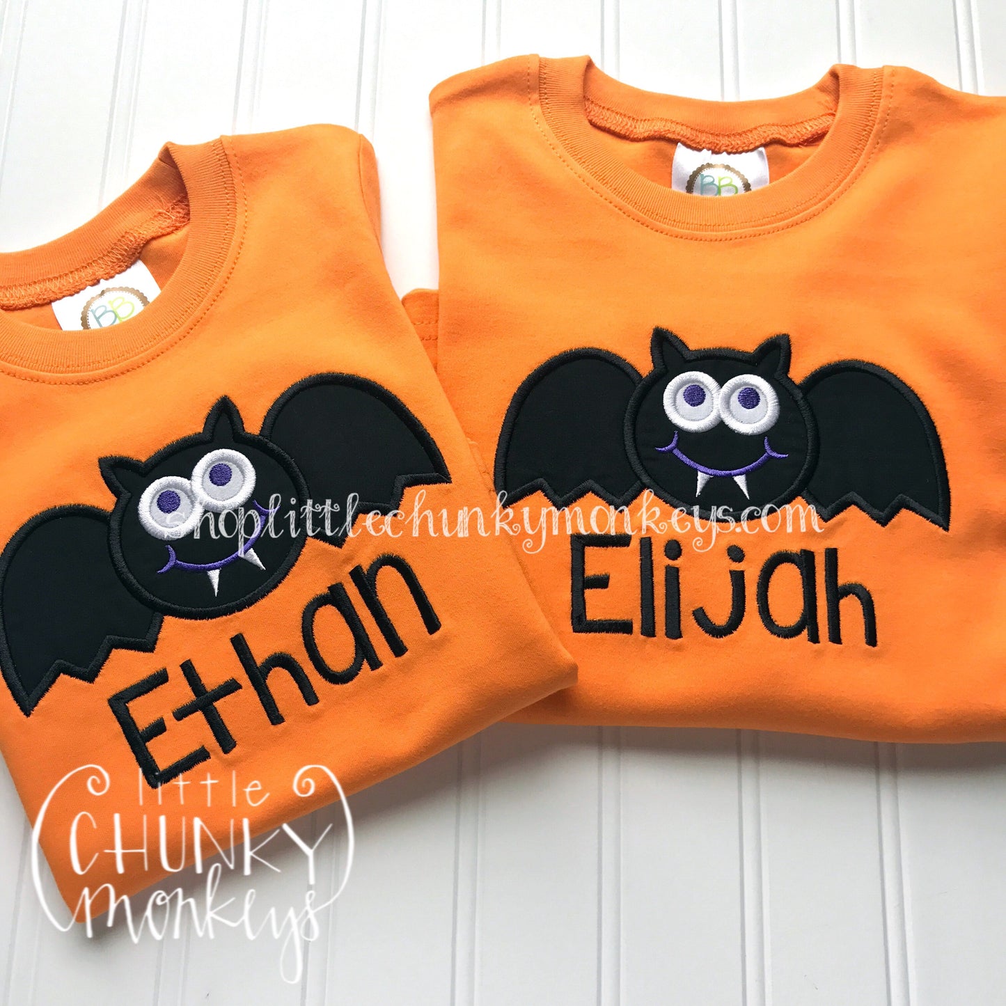 Boy Shirt - Boy Halloween Shirt - Personalized Bat Applique on Orange Shirt
