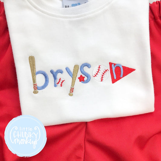 Boy Shirt - Name with Baseball items on White Shirt