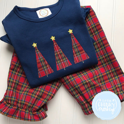 Girl Shirt - Tartan Tree Trio Shirt on Navy