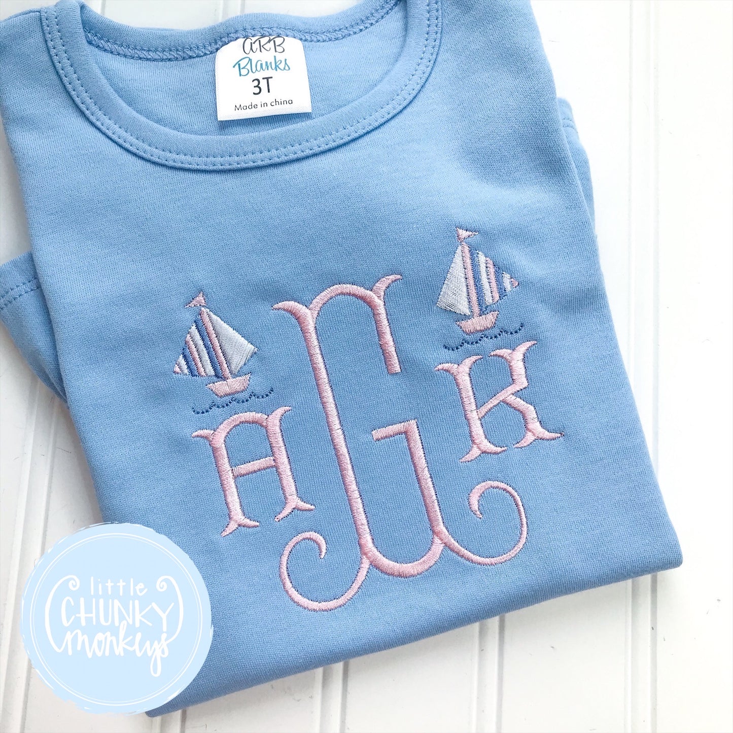 Girl  Shirt - Monogram Tee with Sailboats on Light Blue Shirt