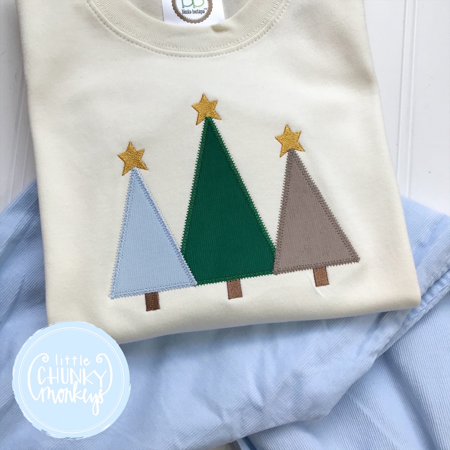 Boy Shirt - Christmas Tree Trio on Cream Shirt