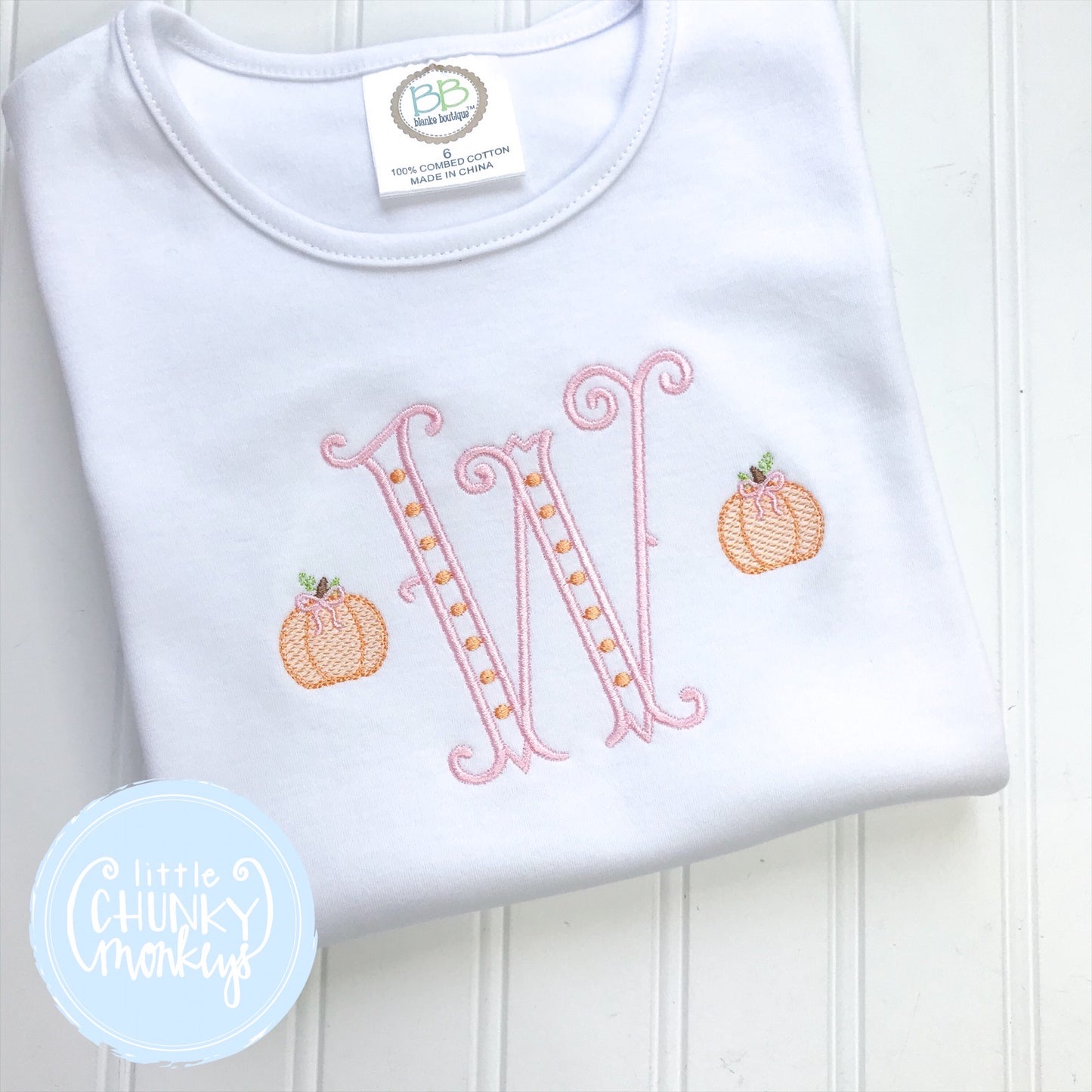 Girl Shirt- Stitched Single Initial with Mini Pumpkins on Each Side