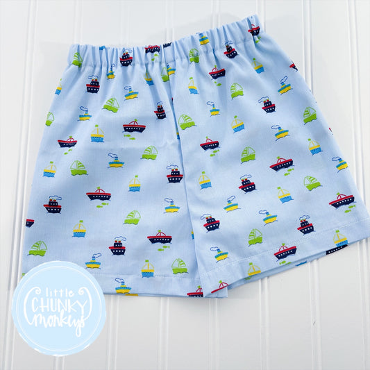 Ready to Ship - Light Blue Pique with Sailboats - 18m Classic Shorts