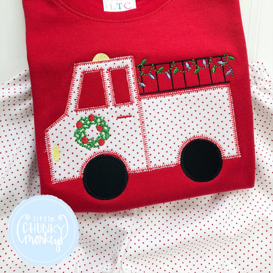 Boy Shirt - Applique Fire Truck with Christmas Tree