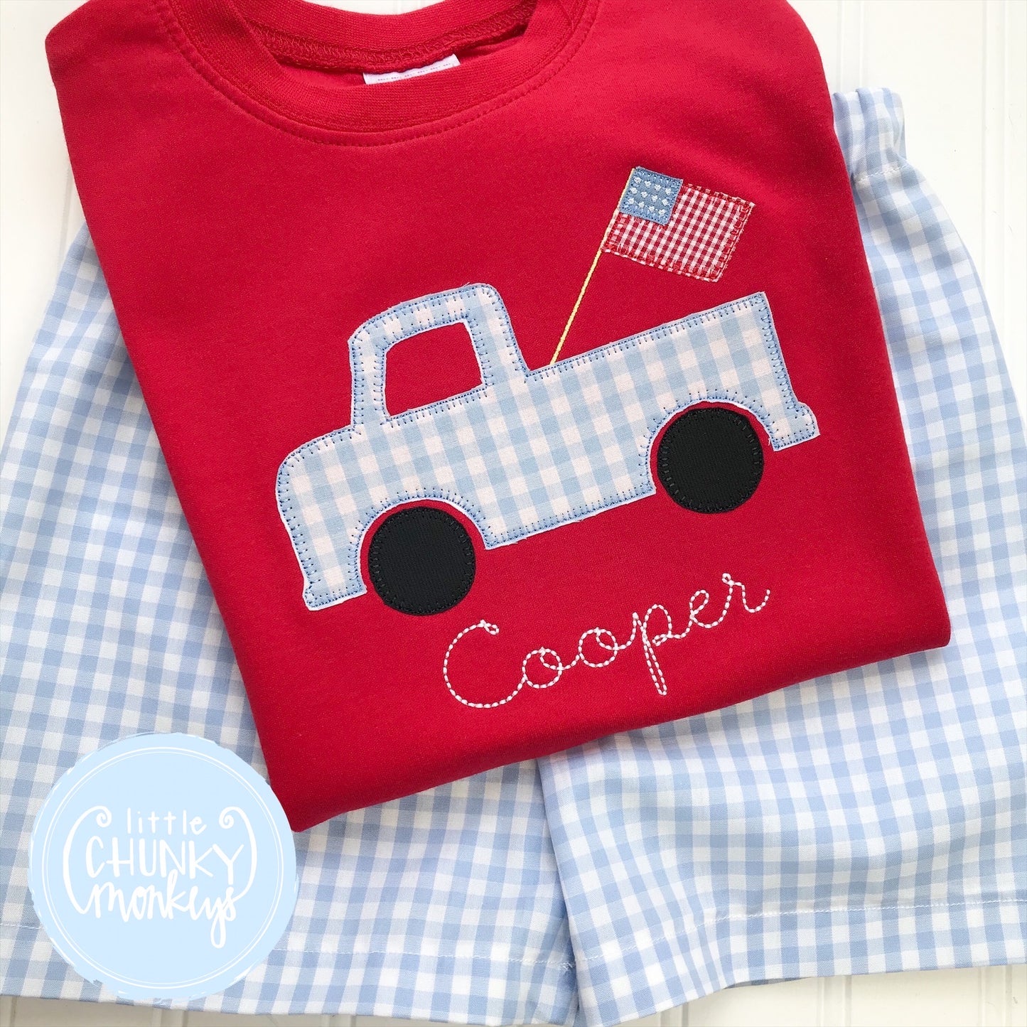 Boy Shirt - Applique patriotic truck with Vintage Stitch personalization on Red Shirt
