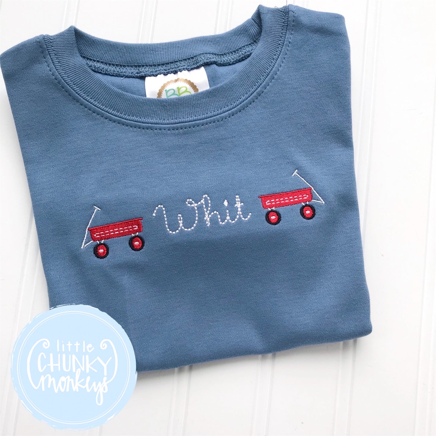 Boy Shirt - Mini Wagons with Personalization on Blue Shirt