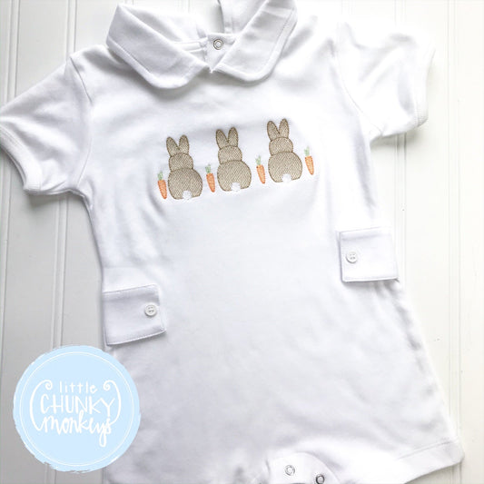 Ready to Ship - Boys Peter Pan Romper with Bunny Trio - 6-12m