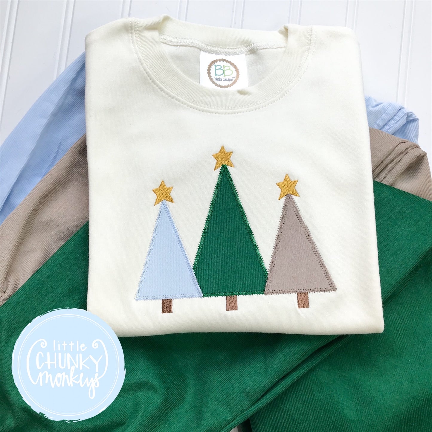 Boy Shirt - Christmas Tree Trio on Cream Shirt