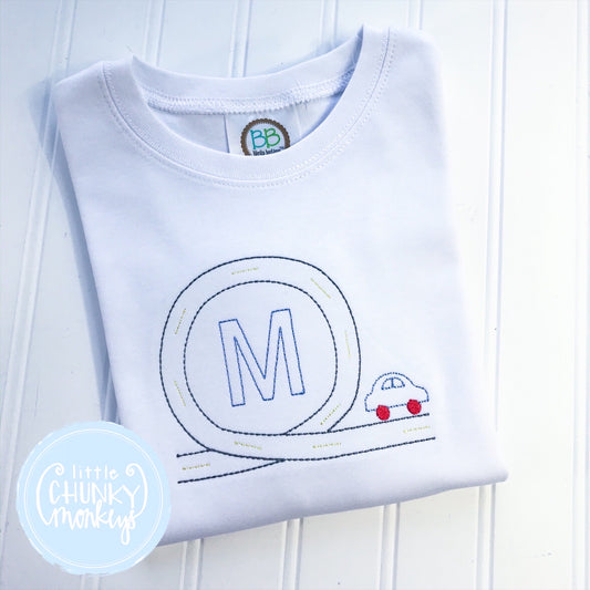 Boy Shirt - Initial with Car and Race Track on White Shirt