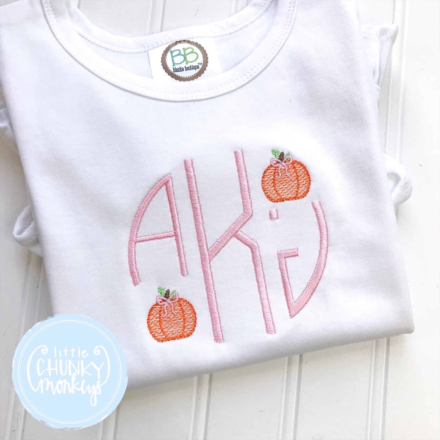 Girl Shirt- Stitched Circle Monogram with Mini Pumpkins