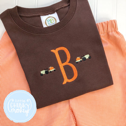 Boy Shirt -  Single Initial with Mini Tractors on Brown Shirt
