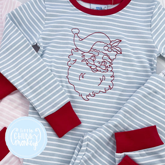 Blue Stripe Pajama Set - Santa Embroidery - 12Y