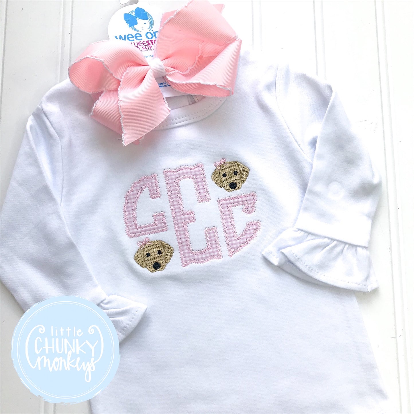 Girl Shirt - Applique Monogram with Mini Pink Puppies