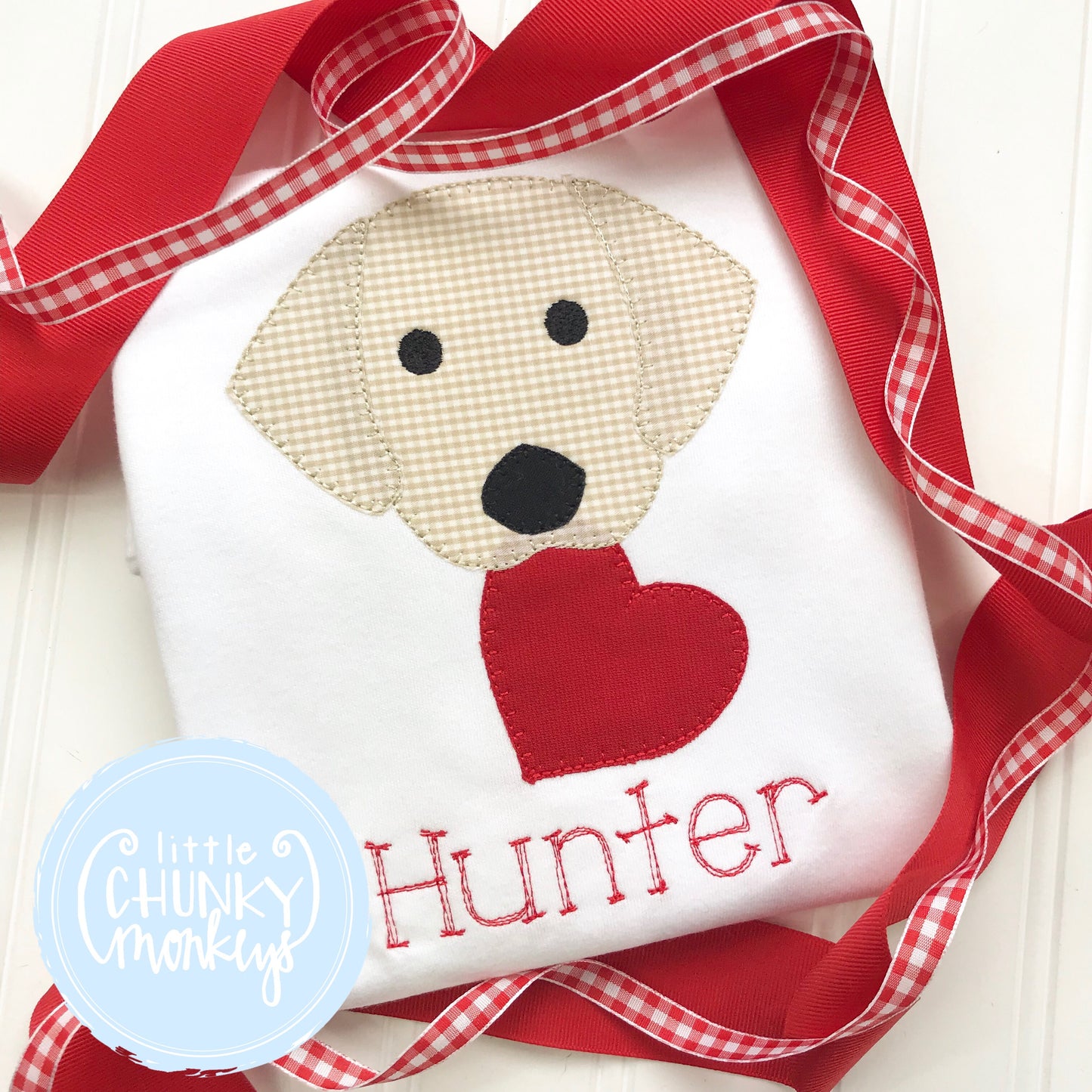 Boy Shirt - Valentine Shirt-Stitched Dog Holding a Heart