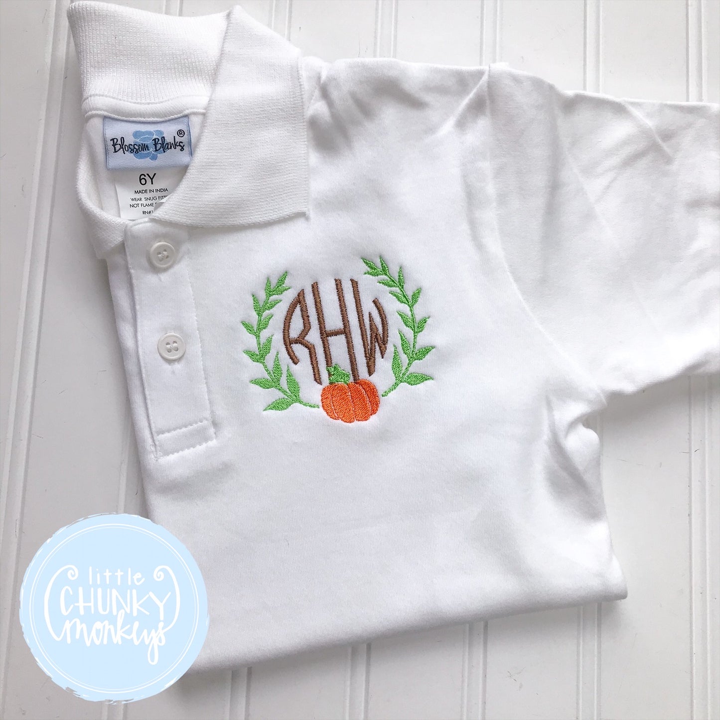 Boy Polo Shirt - Stitched Pumpkin and Vine Monogram