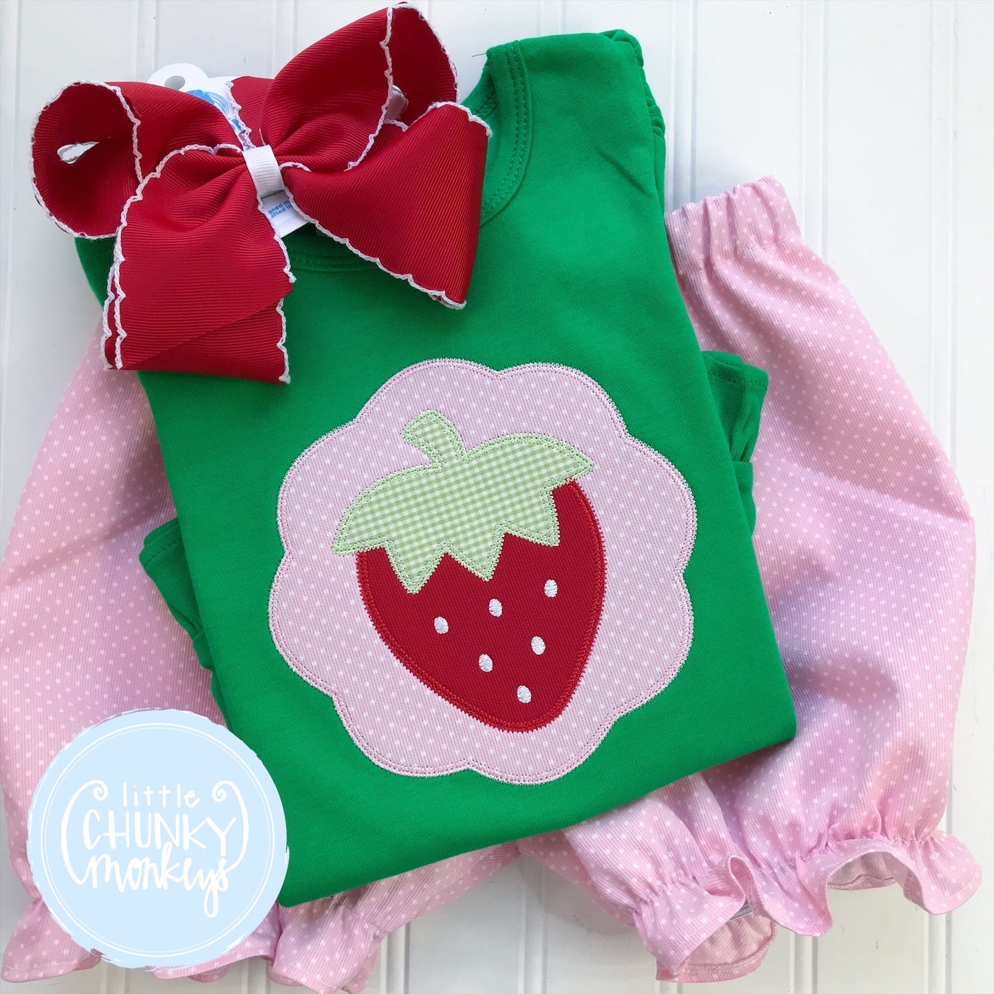 Girl  Shirt - Strawberry Applique on a Green Shirt