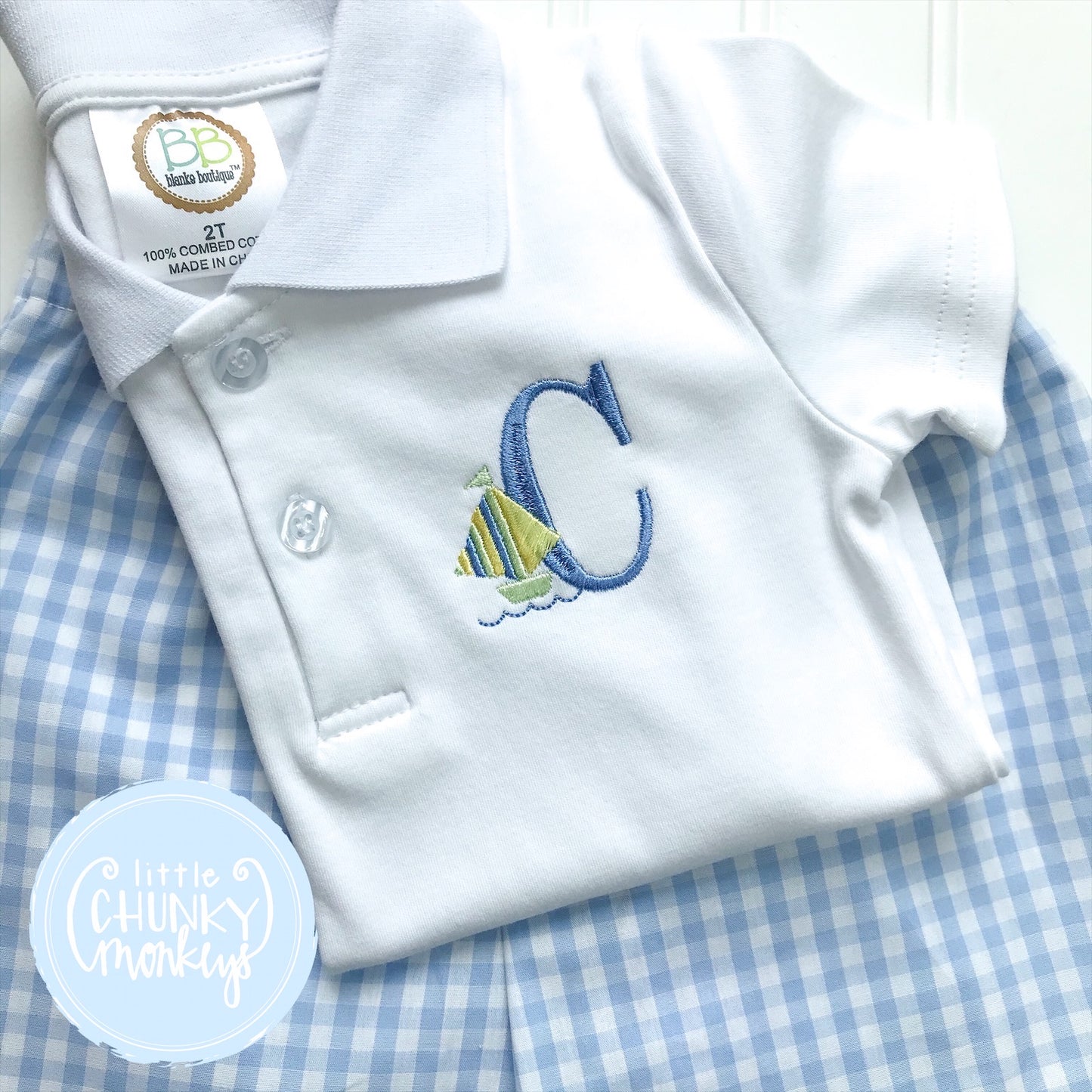 Boy Polo Shirt - Single Initial with Sailboat