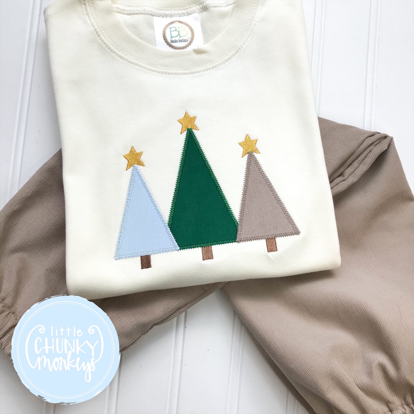 Boy Shirt - Christmas Tree Trio on Cream Shirt