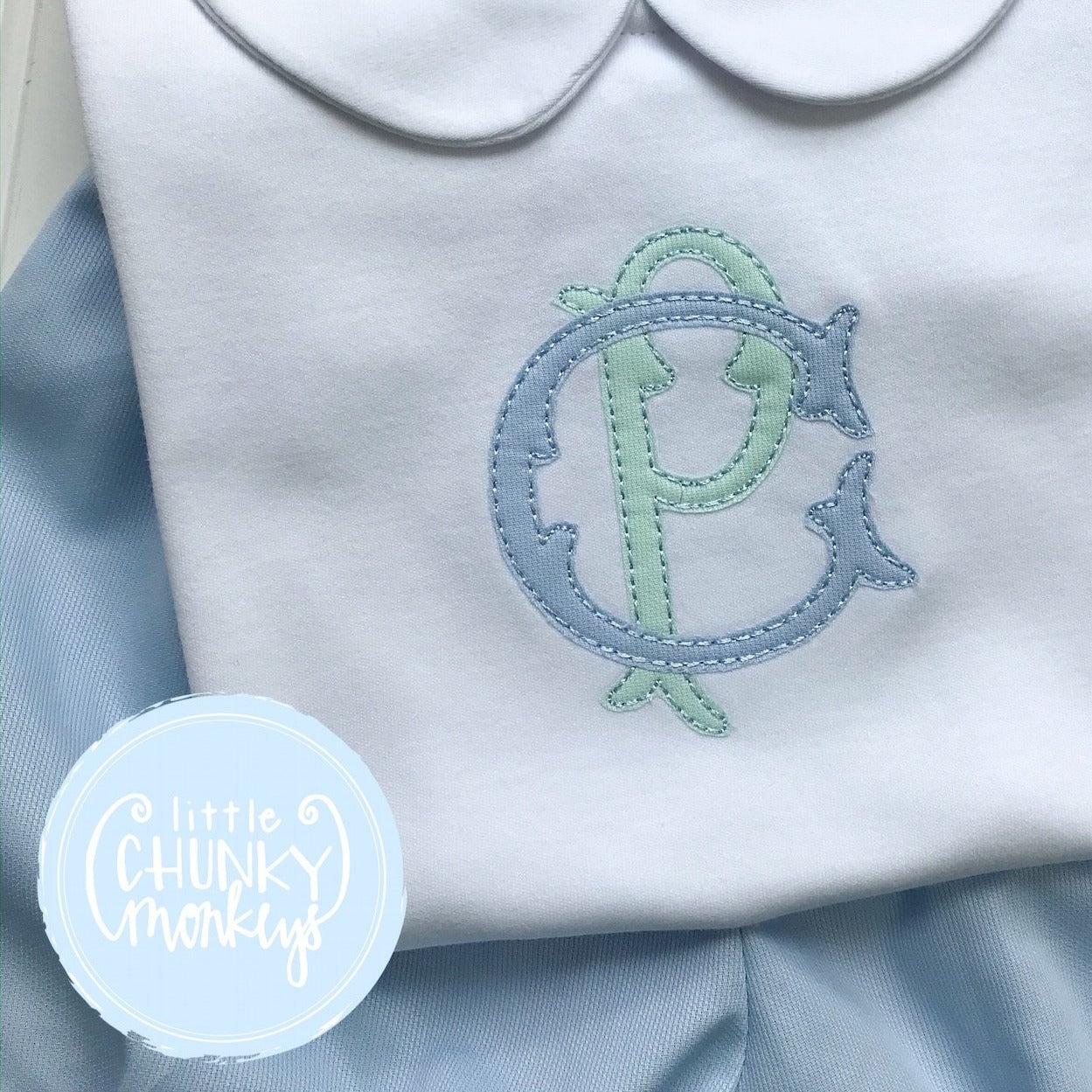 Boy Shirt -Double Stacked Monogram Applique in Mint and Light Blue