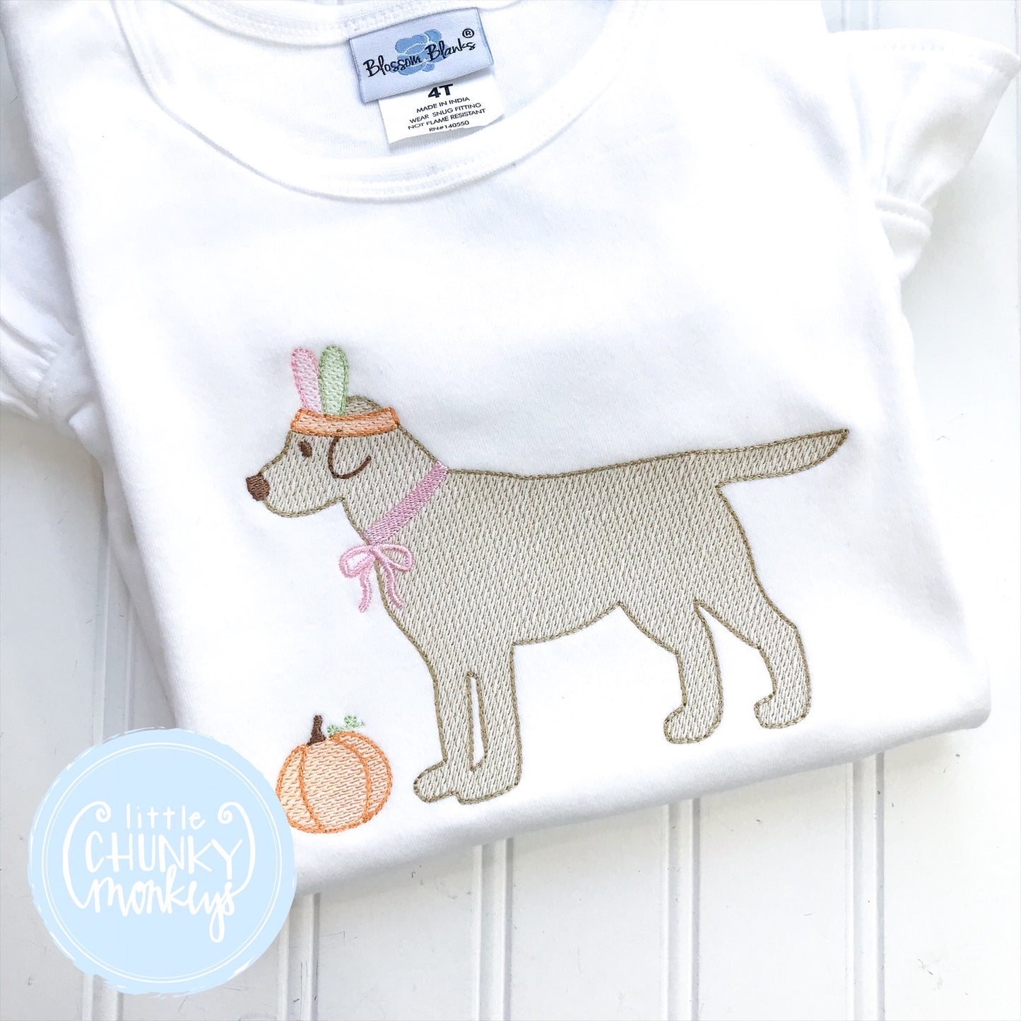 Girl Shirt- Stitched Dog with Feather Headband + Personalization