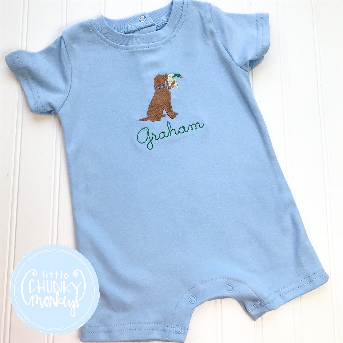 Boy Romper - Puppy with a Duck on Light Blue Romper